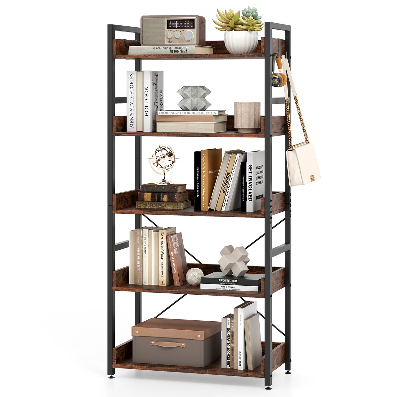 57-Inch Rustic Brown Industrial Storage Rack with 5 Shelves and Removable Hanging Hooks